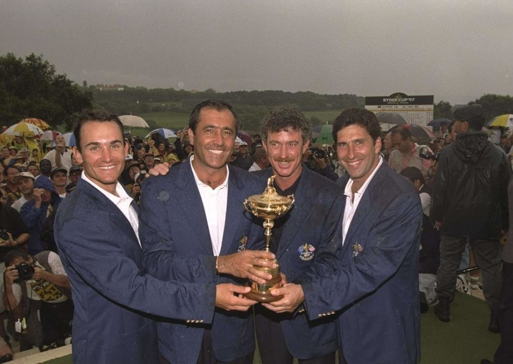 European team members Ignacio Garrido, captain Seve Ballesteros, his assistant Miguel Jimenez and J