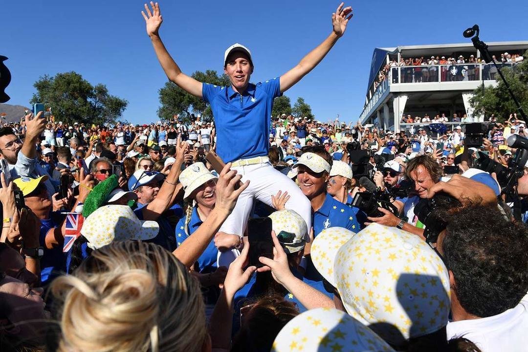 24/09/2023. Ladies European Tour. The Solheim Cup 2023, Finca Cortesin, Malaga Spain. 22-24 September. Carlota Ciganda of Europe celebrates with her team mates as Europe retain The Solheim Cup. Credit: Mark Runnacles / LET